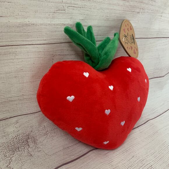 Pally Paws Red Heart Shaped Strawberry Plush Dog Toy with Embroidered Hearts - Picture 2 of 11